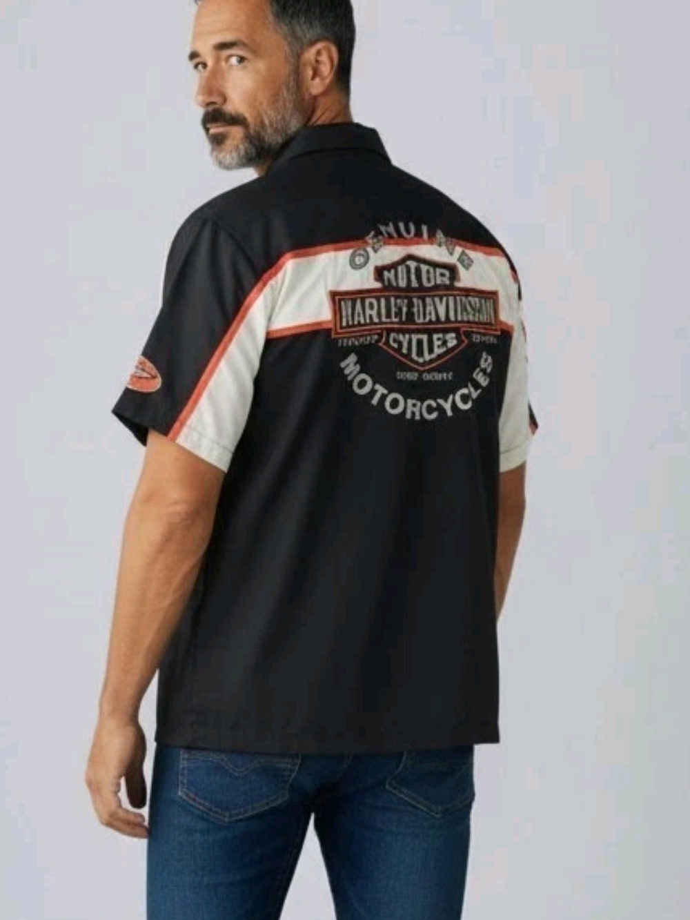 Harley-Davidson men's colorblock short-sleeve button-up garage/mechanic shirt